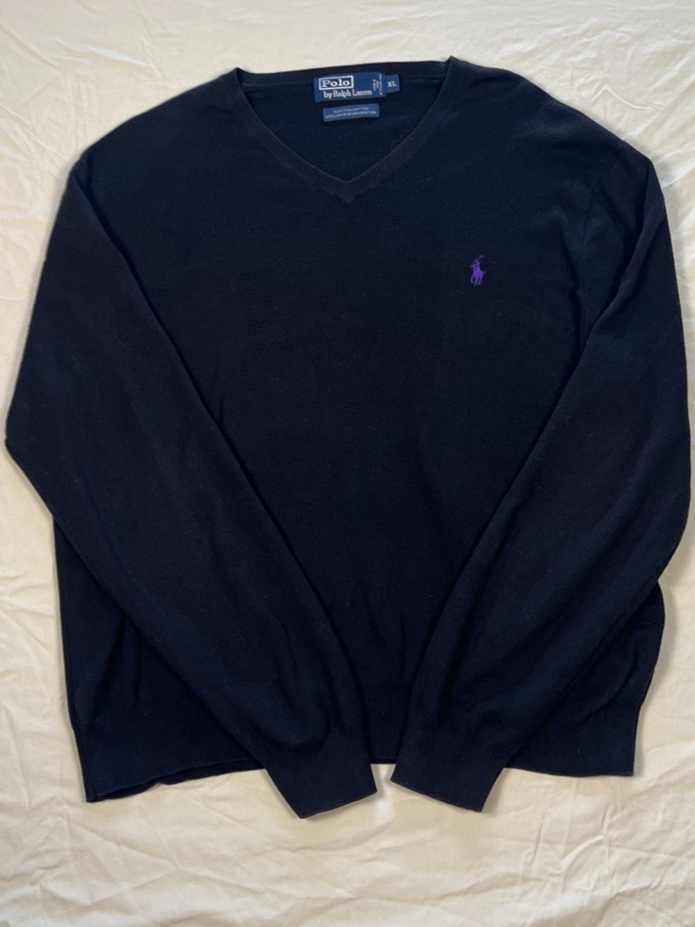 Polo by Ralph Lauren 100% Pima Cotton Black V-Neck Sweater with Purple Pony